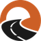 A stylized circular logo featuring a black road with white dashed lines curving through an orange background.