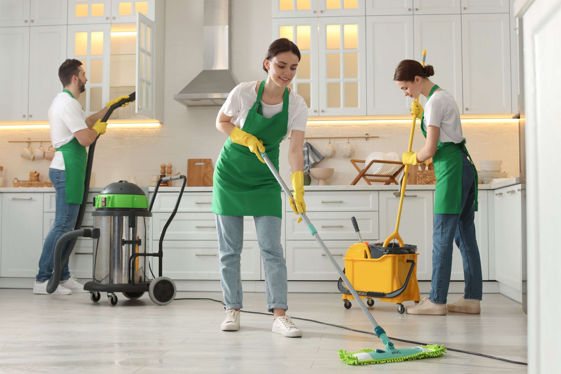 Three people cleaning a kitchen: one vacuuming, one mopping, and one wringing the mop in a yellow bucket.