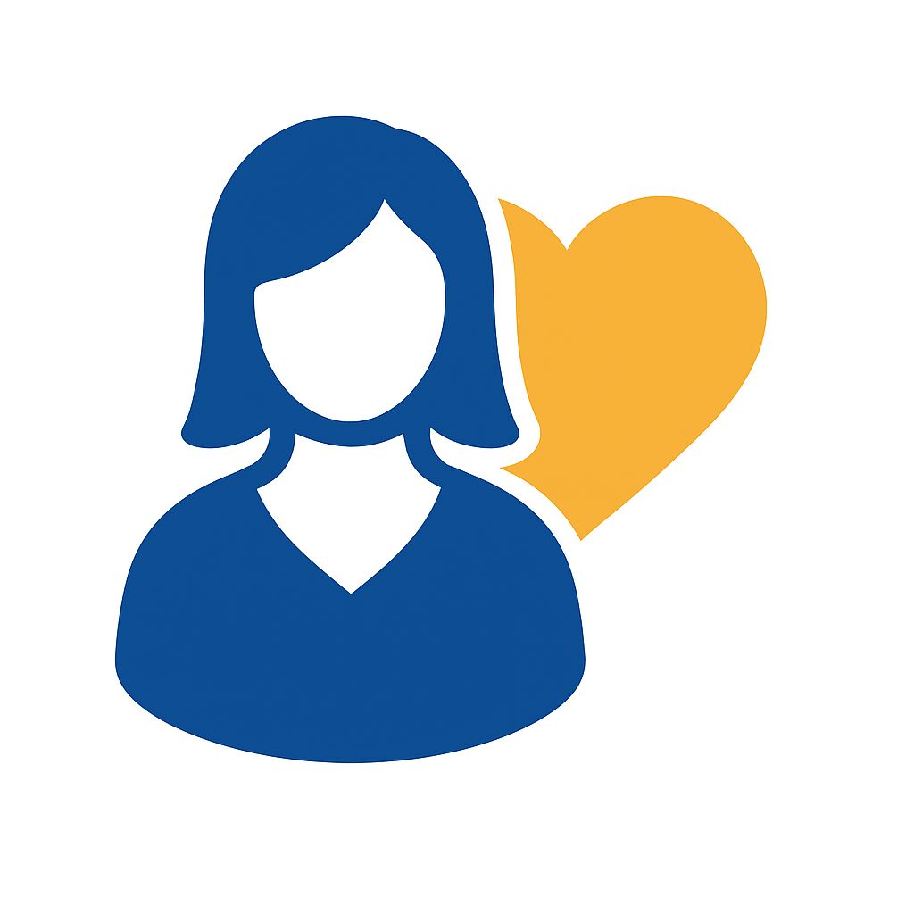 Mujer de azul con corazón amarillo.
