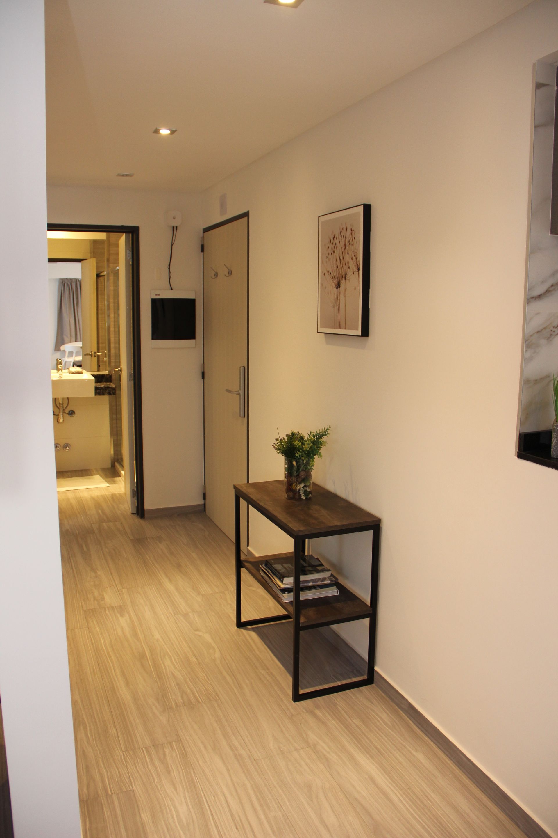 Narrow hallway with light walls, wood floor, small table with plant, and framed art on the wall.
