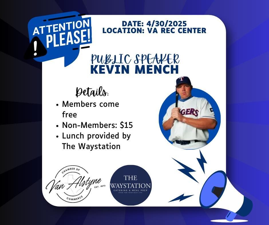 Poster for a public speaker event with Kevin Mench at the VA Rec Center on April 30, 2025. Details include free admission for members and a $15 fee for non-members. Lunch is provided.
