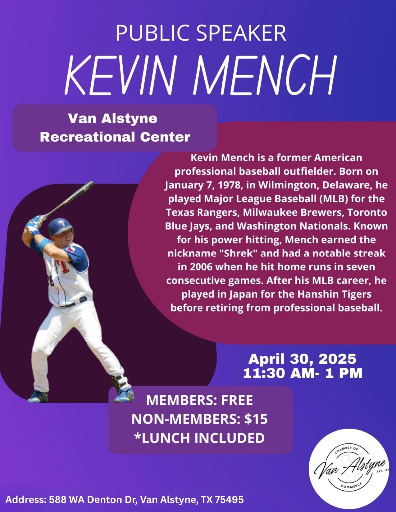 Poster for Kevin Mench's public speaking event at Van Alstyne Recreational Center on April 30, 2025. Includes details, pricing, and a photo of Mench.