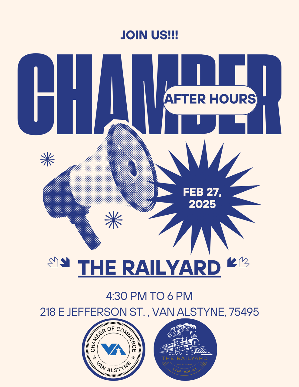 Poster for a Chamber of Commerce after-hours event at The Railyard in Van Alstyne, TX, on February 27, 2025.