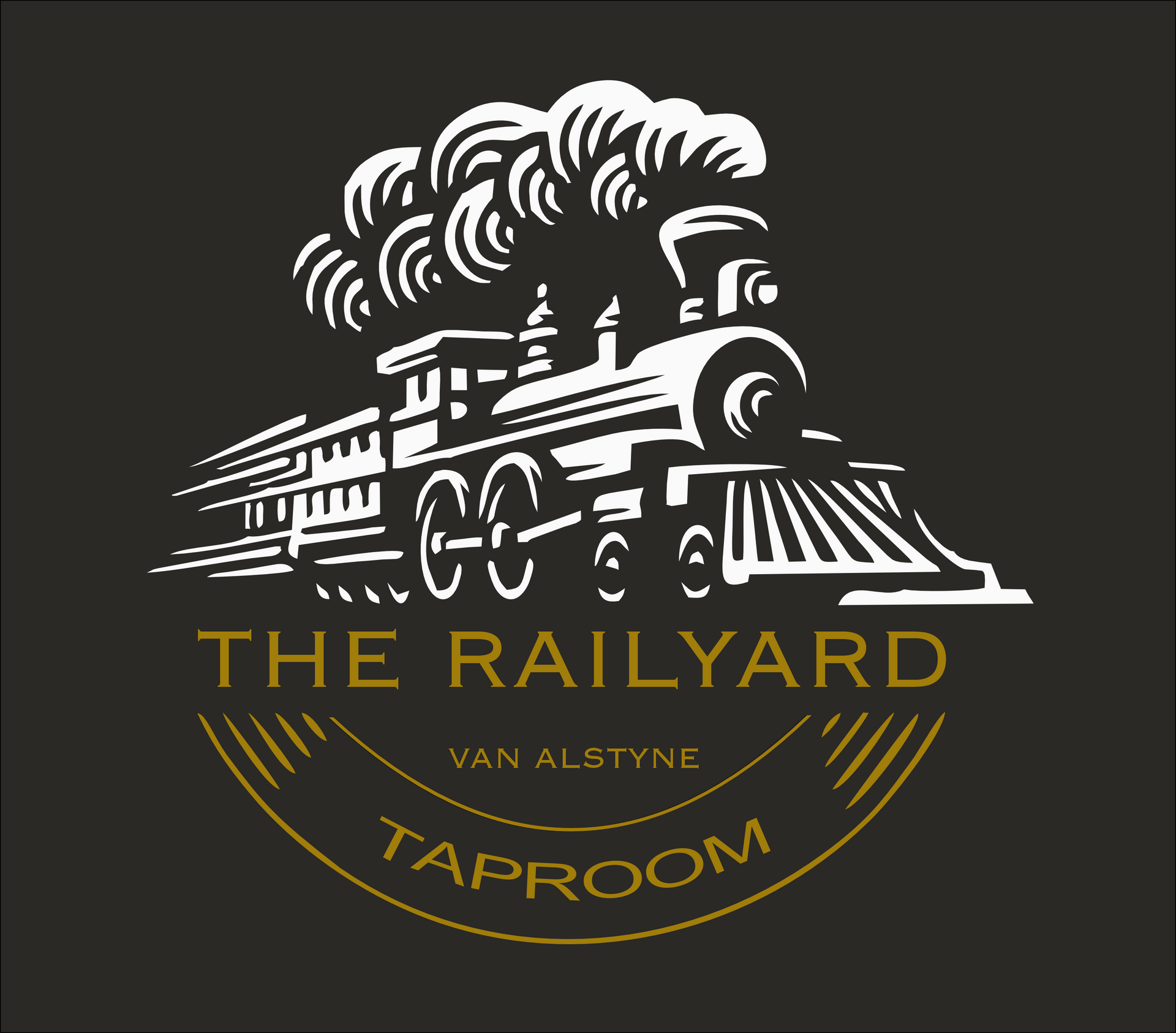 Logo for The Railyard Taproom: a white train with smoke over text on a black background. Text reads 