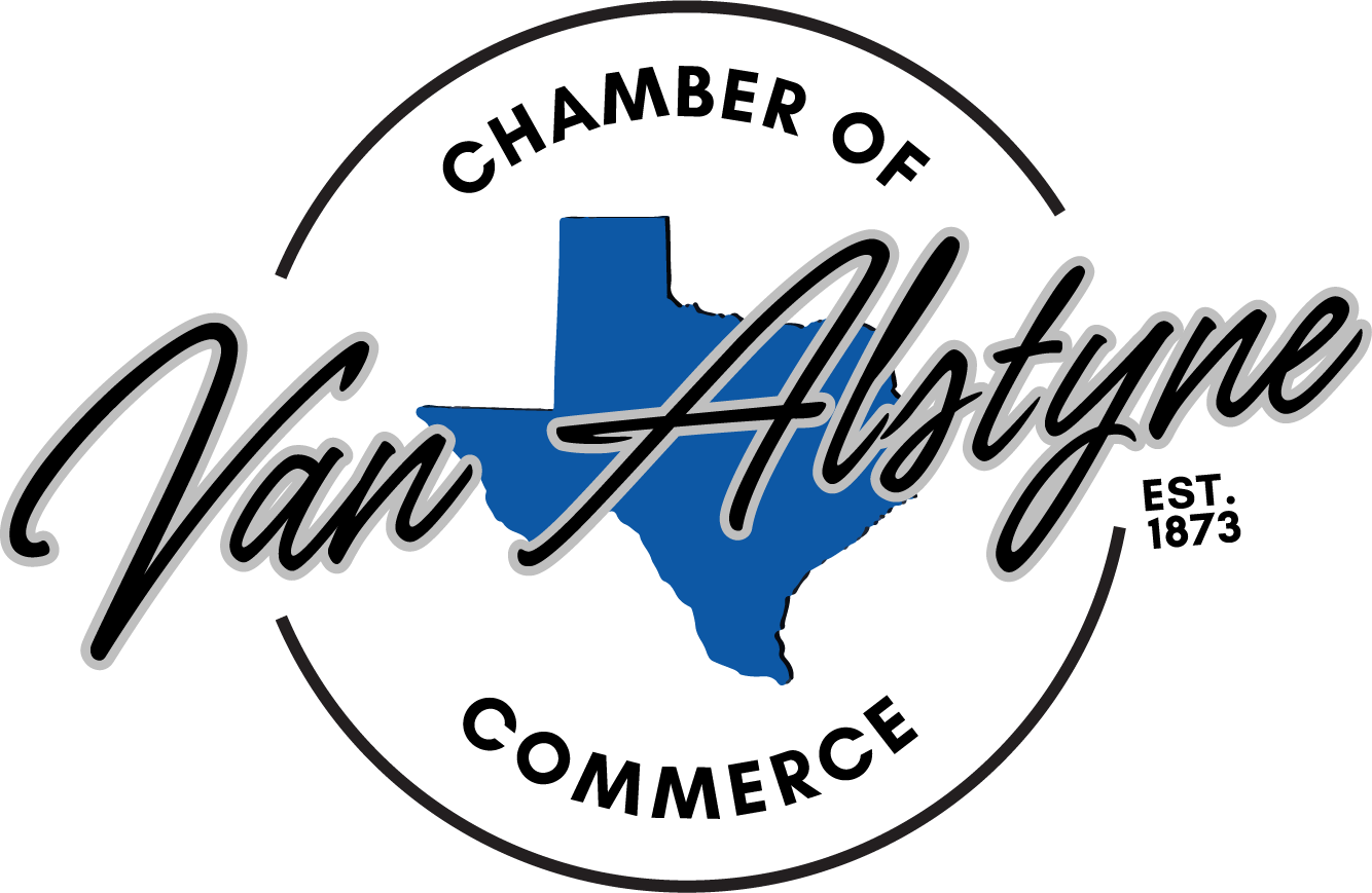 Logo for the Van Alstyne Chamber of Commerce. Features a blue Texas outline with the name