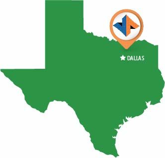 Green map of Texas with an orange-and-blue logo pin-pointed on Dallas. The word 