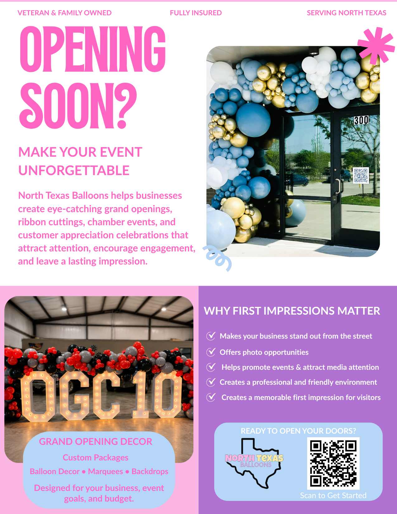 Advertisement for North Texas Balloons' ribbon-cutting package, including balloon columns, toppers, vinyl decals, and Chamber member discount for $200.