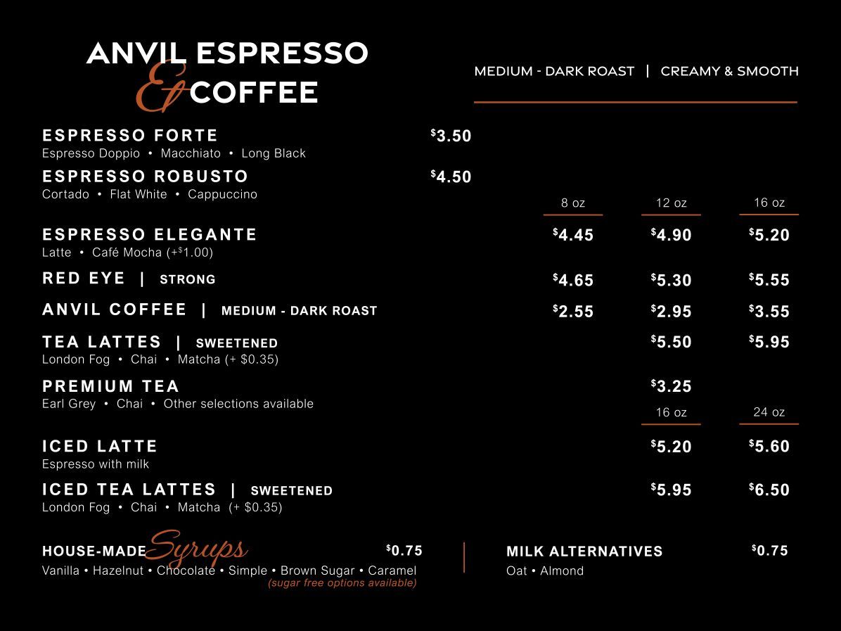 Anvil Espresso Coffee menu board with black background and white text listing espresso, latte, tea, and prices