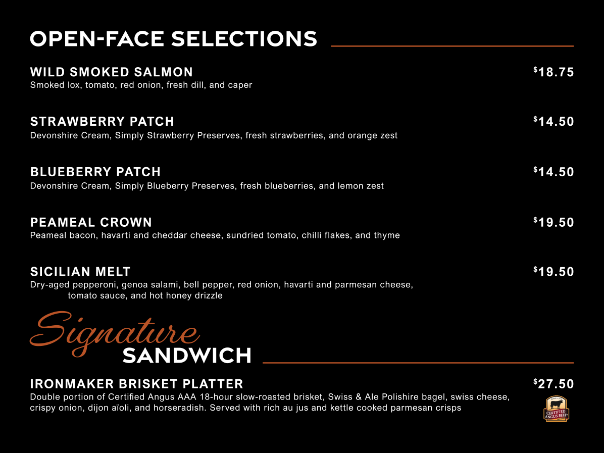 Menu board of open-face sandwich selections with item names and prices on a black background