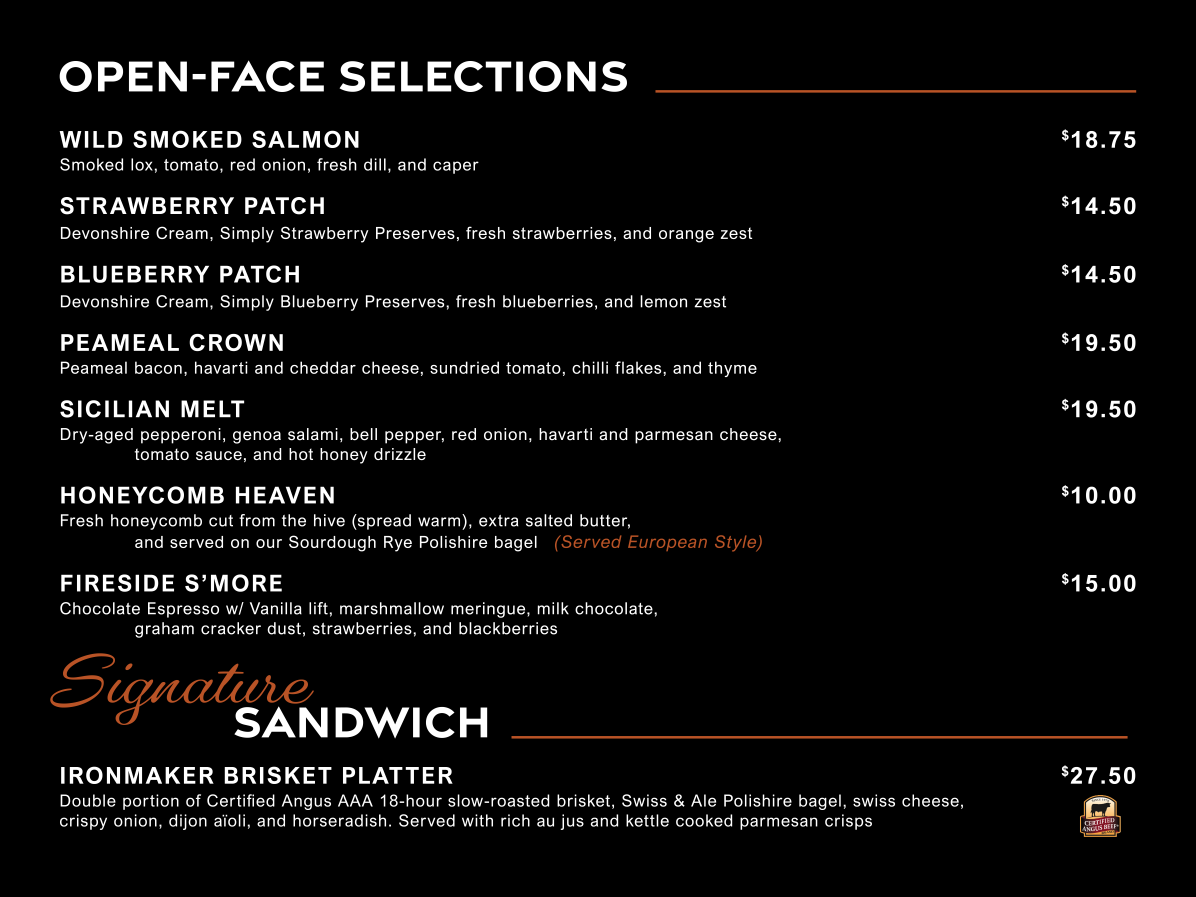 Menu board of open-face sandwich selections with item names and prices on a black background