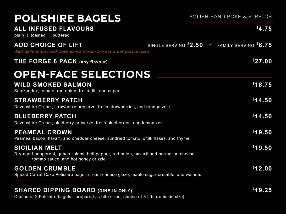 Menu for Polishire Bagels: includes flavored bagels, smoked salmon, and dips with prices listed on a black background.