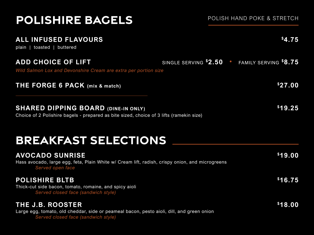 Menu for Polishire Bagels: includes flavored bagels, smoked salmon, and dips with prices listed on a black background.