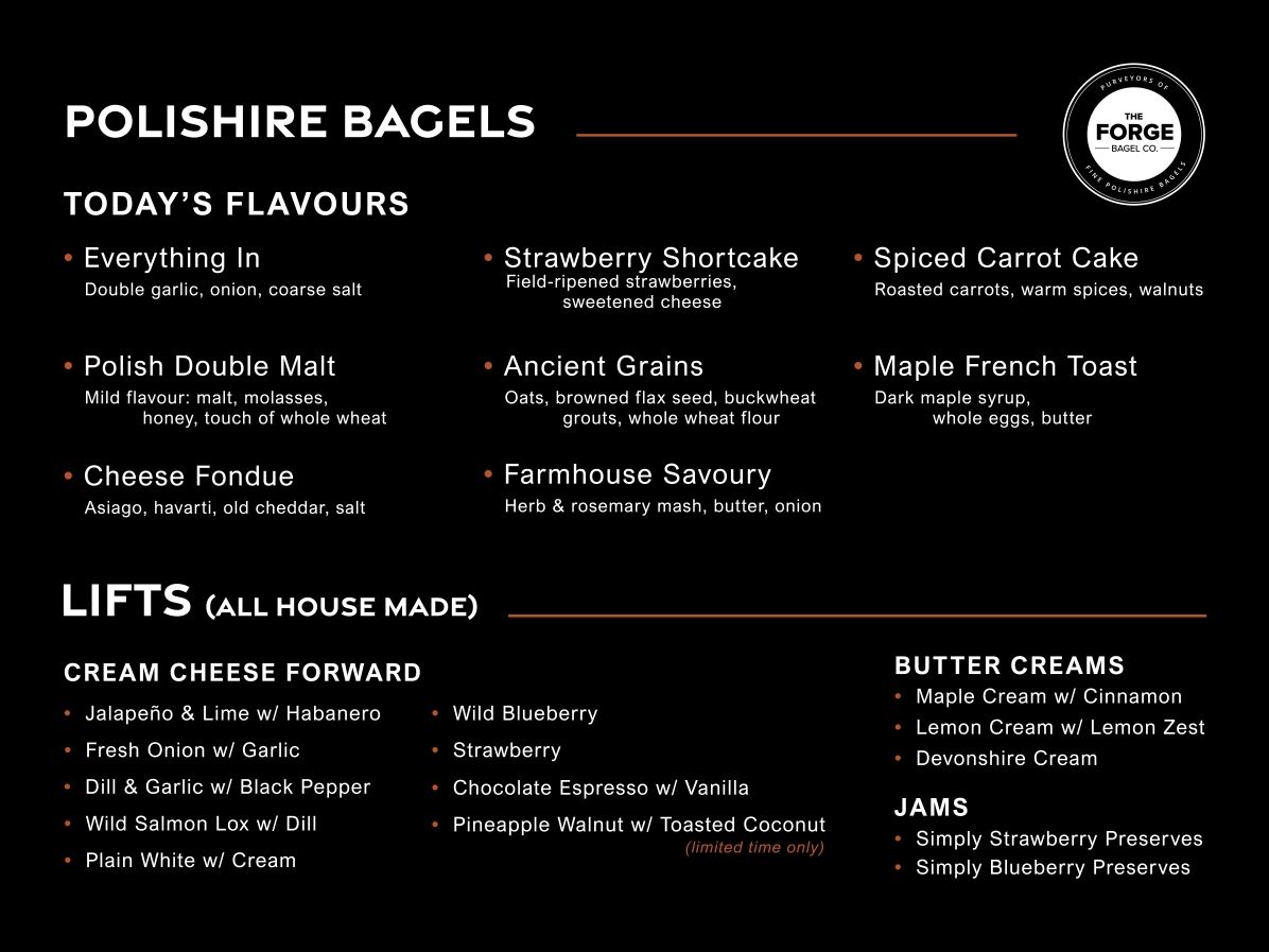 Menu for Polishire Bagels with various flavors, additions, and cream cheese options.