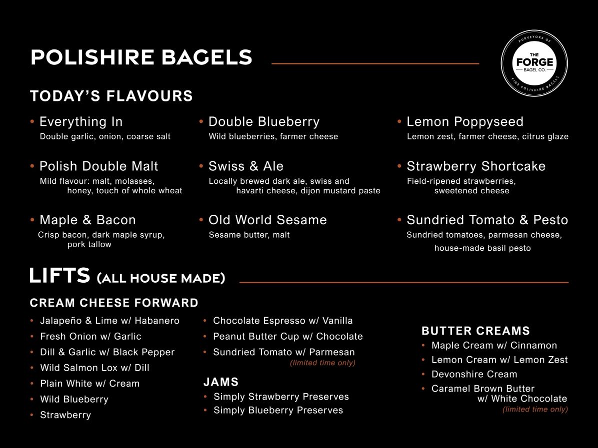 Menu for Polishire Bagels with various flavors, additions, and cream cheese options.