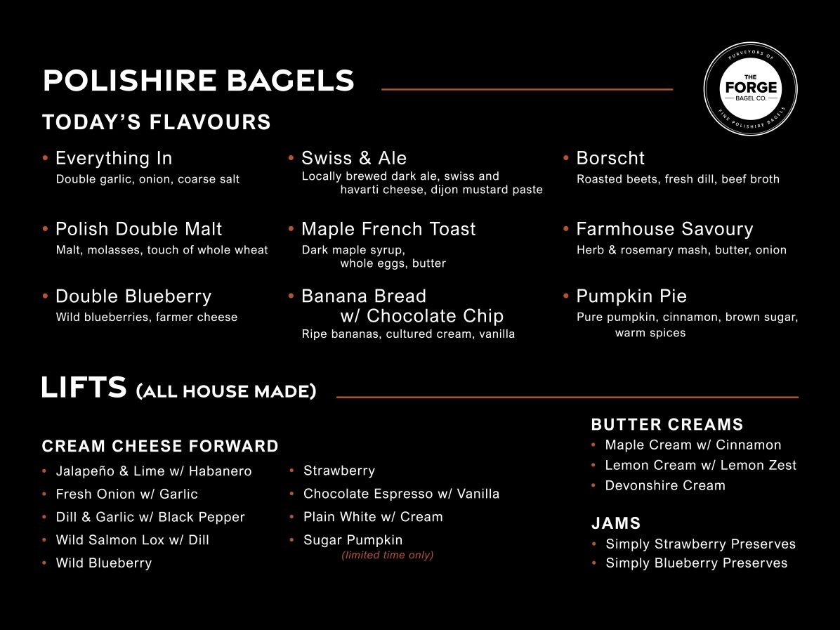 Menu for Polishire Bagels with various flavors, additions, and cream cheese options.