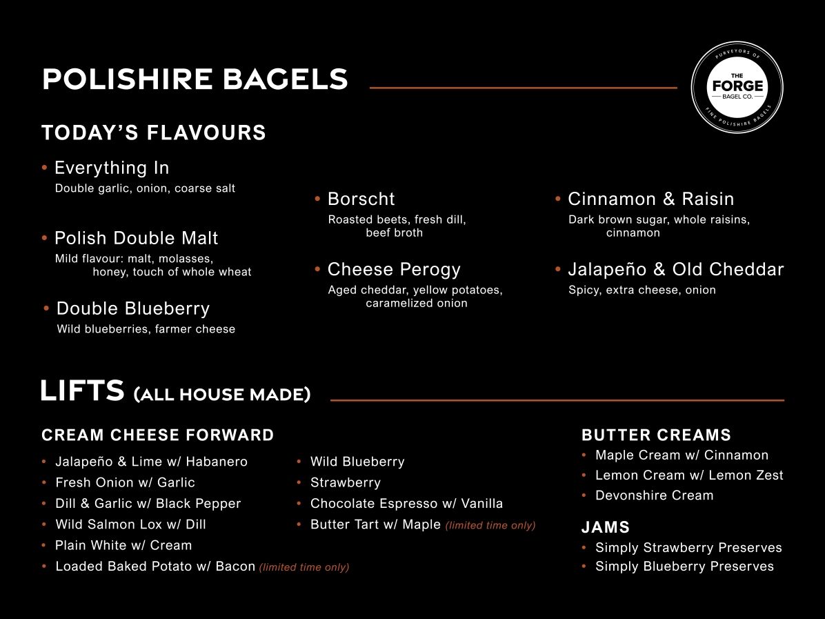 Menu for Polishire Bagels with various flavors, additions, and cream cheese options.
