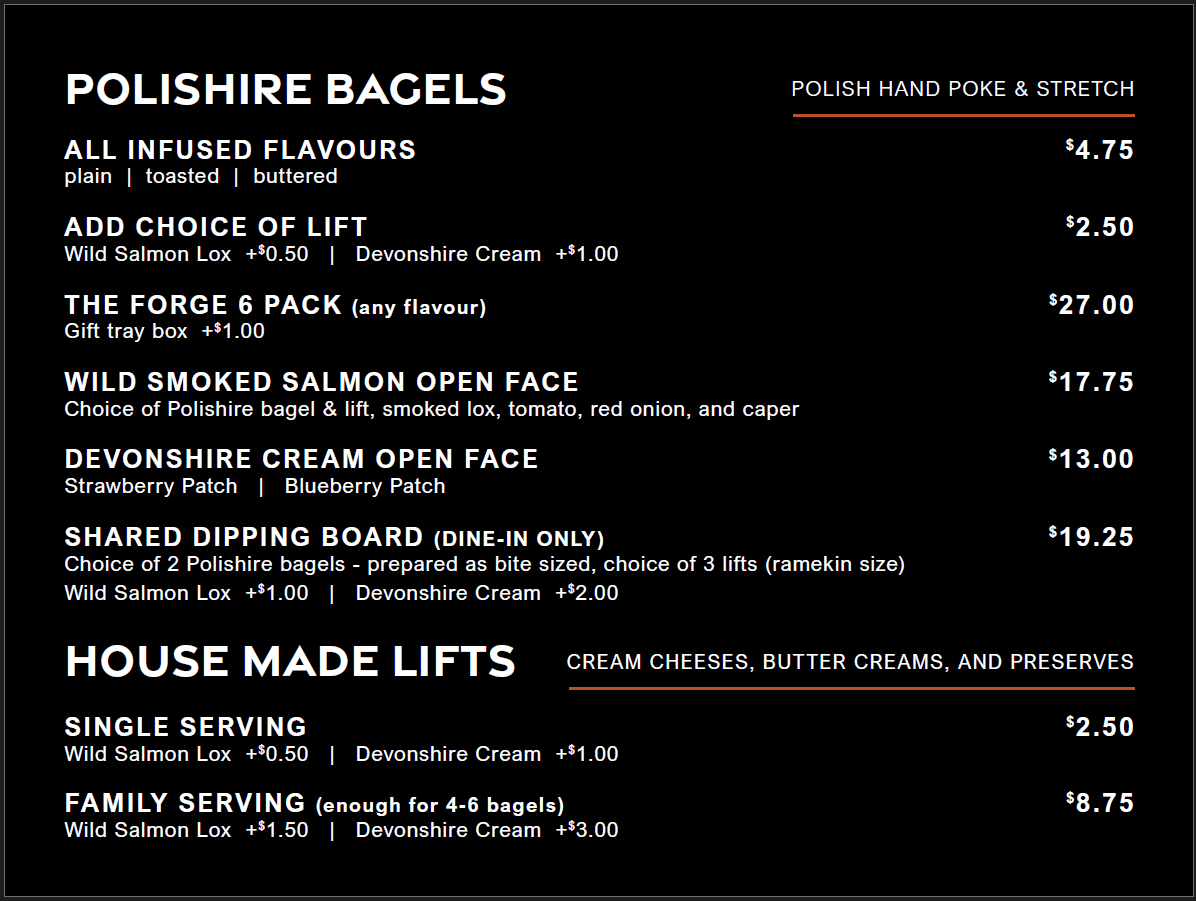 Menu for Polishire Bagels: includes flavored bagels, smoked salmon, and dips with prices listed on a black background.
