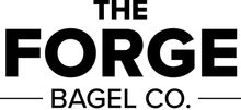 Logo for The Forge Bagel Co., black bold text, with a horizontal line above and below 