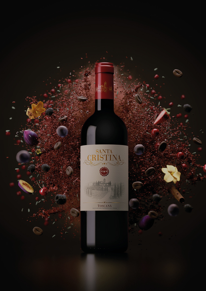 A bottle of santa cristina wine is surrounded by fruits and leaves