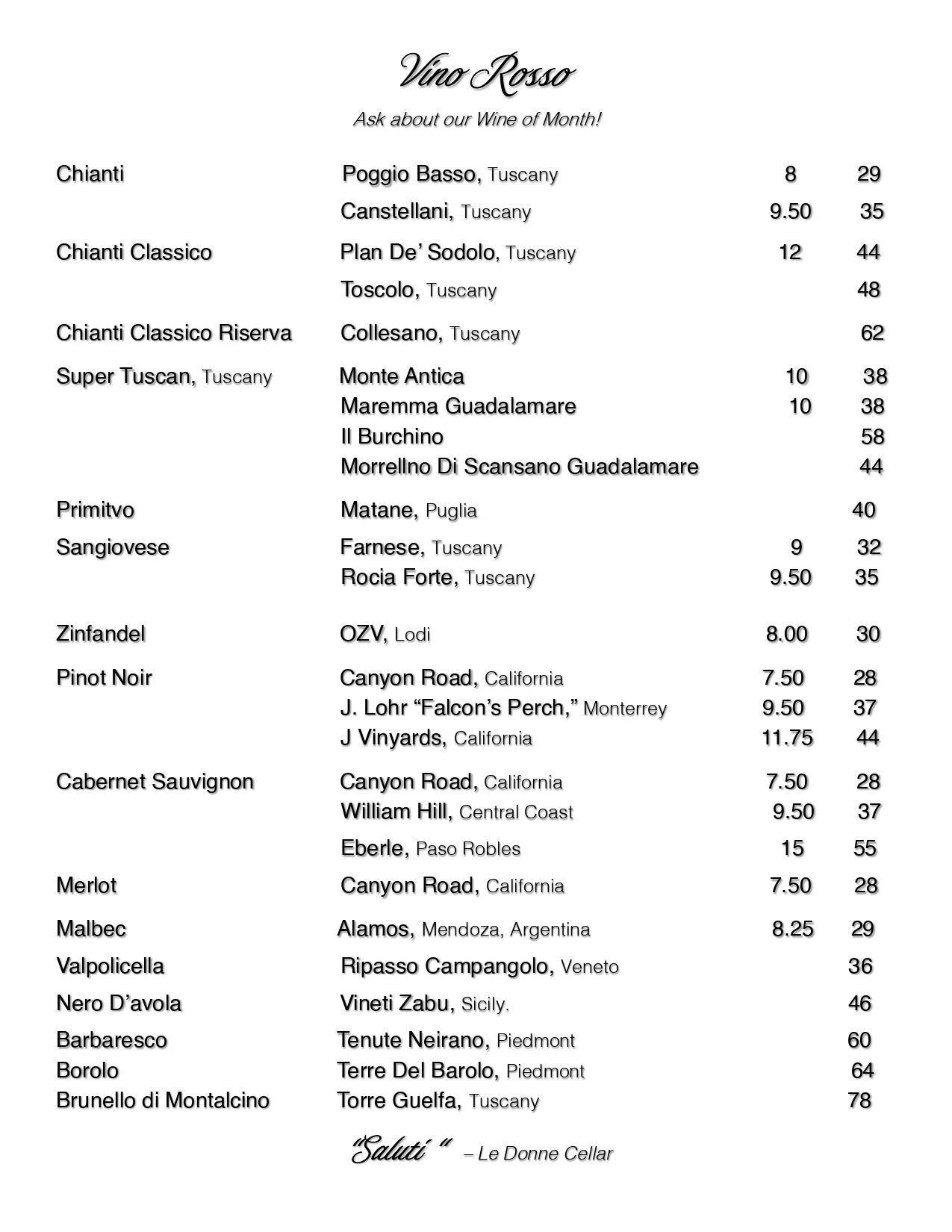 A menu for a restaurant with a list of wines on it.