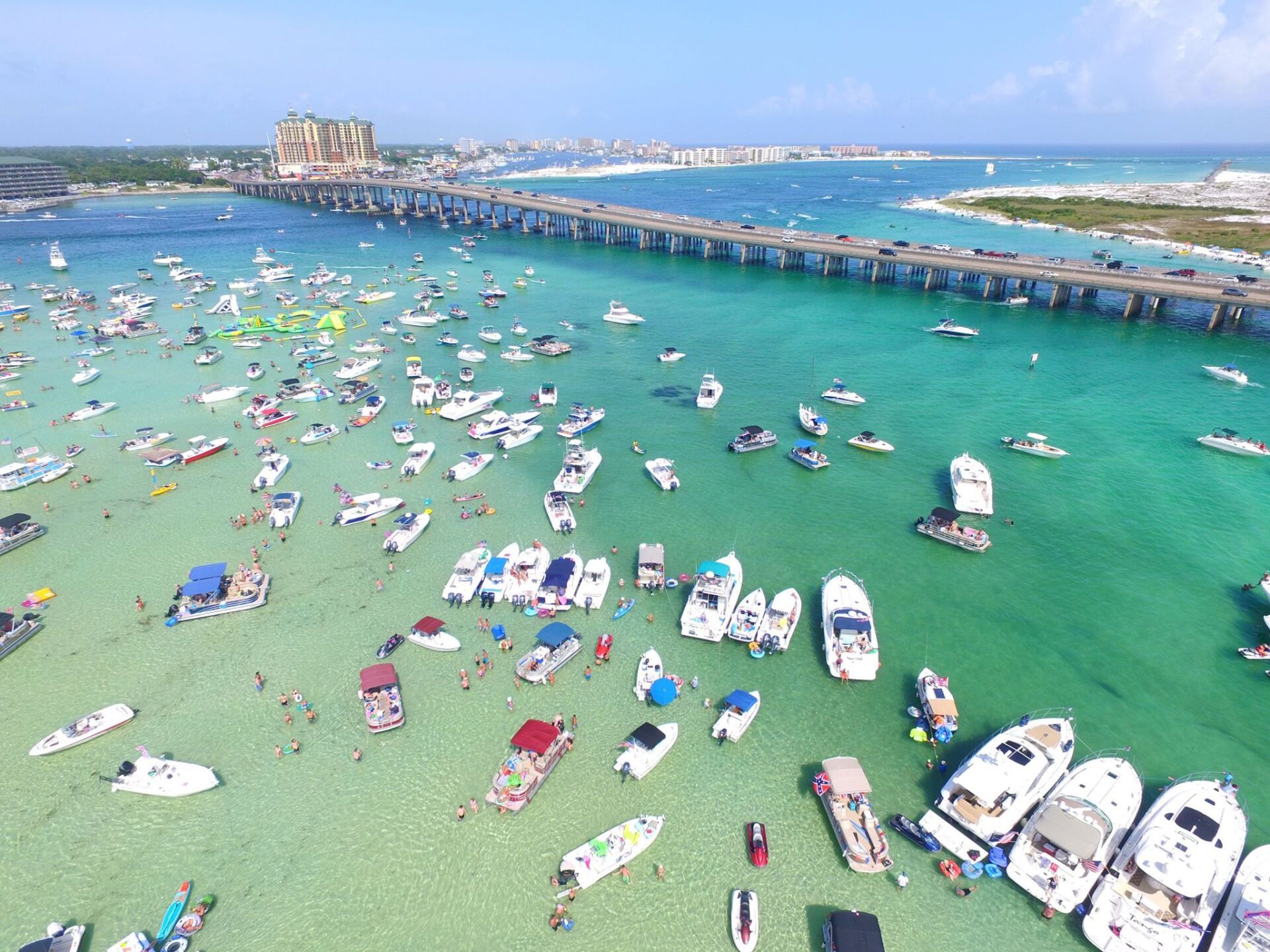 Top view of island full of boats