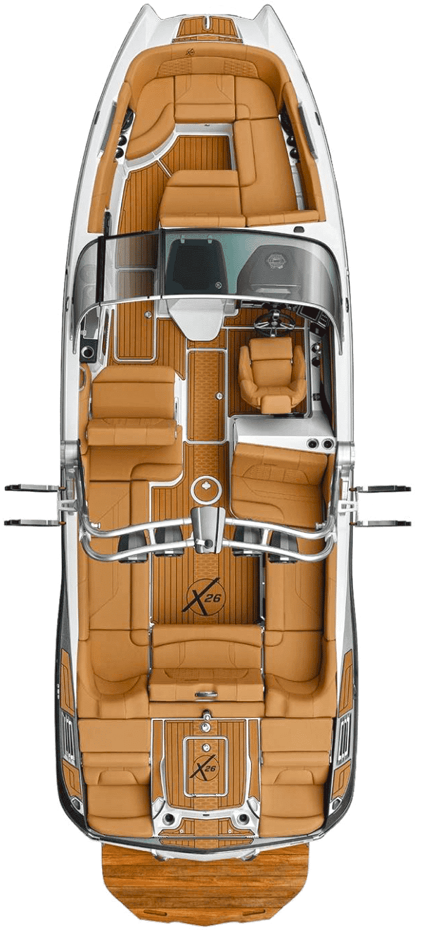 An aerial view of a boat with brown seats and a wooden deck.
