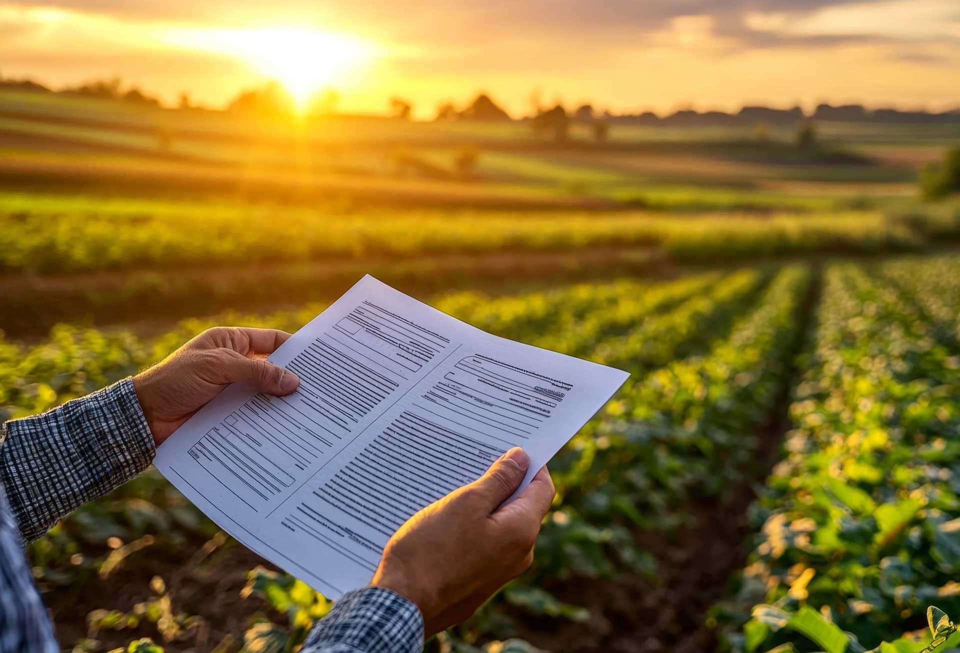 Farmer holding paperwork, reviewing crops in a field at sunset. Farmer holding paperwork, reviewing crops in a field at sunset.