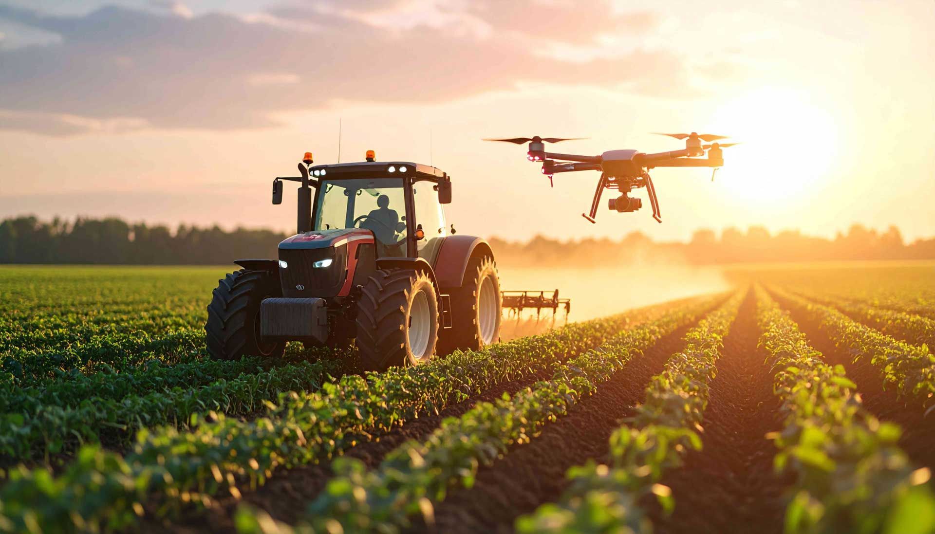 Tractor plowing a field alongside a drone, both illuminated by the setting sun. Tractor plowing a field alongside a drone, both illuminated by the setting sun.