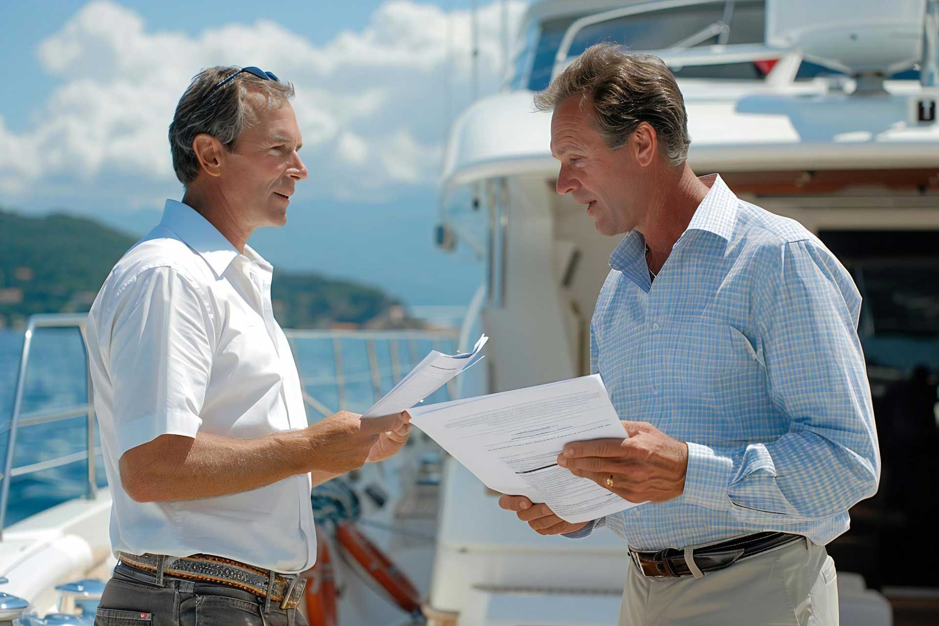 Two men reviewing documents near a yacht, sunny day. Two men reviewing documents near a yacht, sunny day.