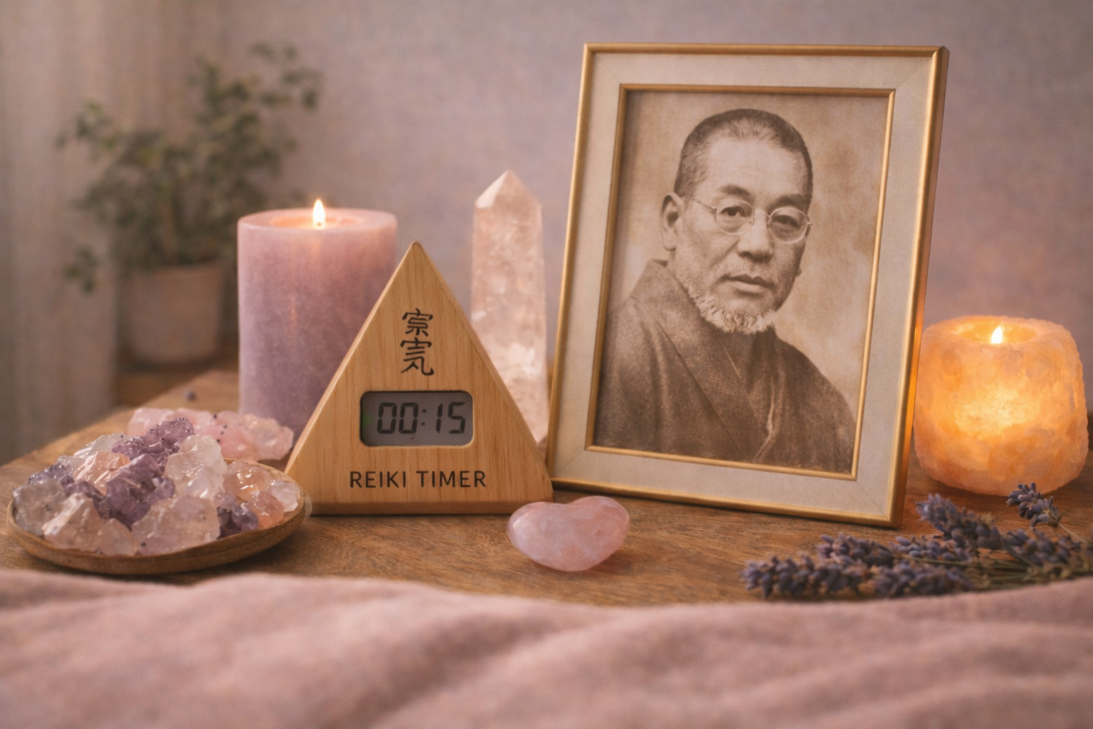 Reiki-opstelling: timer, kristallen, kaars, ingelijst portret Mikao Usui, lavendel, brandende kaarsen, zachte verlichting.