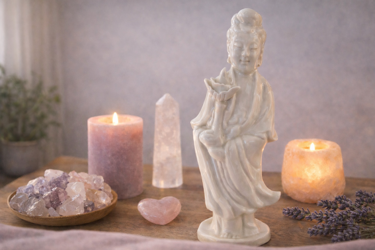 Een wit beeld van Guanyin omringd door kaarsen, kristallen en lavendeltakjes.