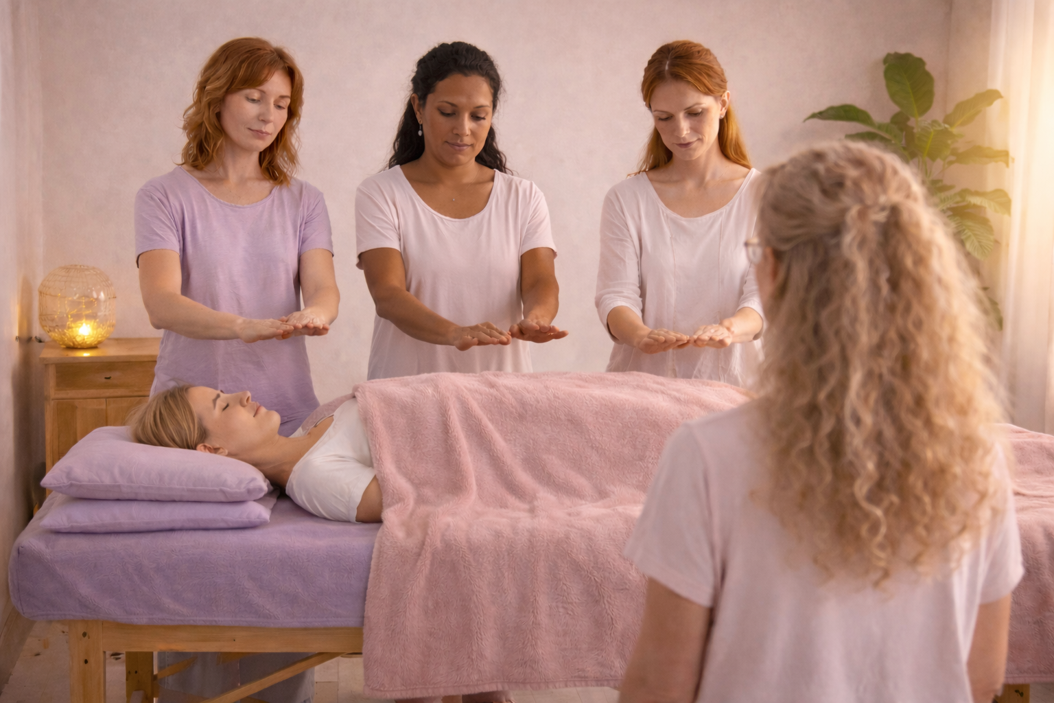 Reiki Master Anita geeft aan drie cursisten instructies tijdens een Reiki behandeling van een persoon op de behandeltafel.