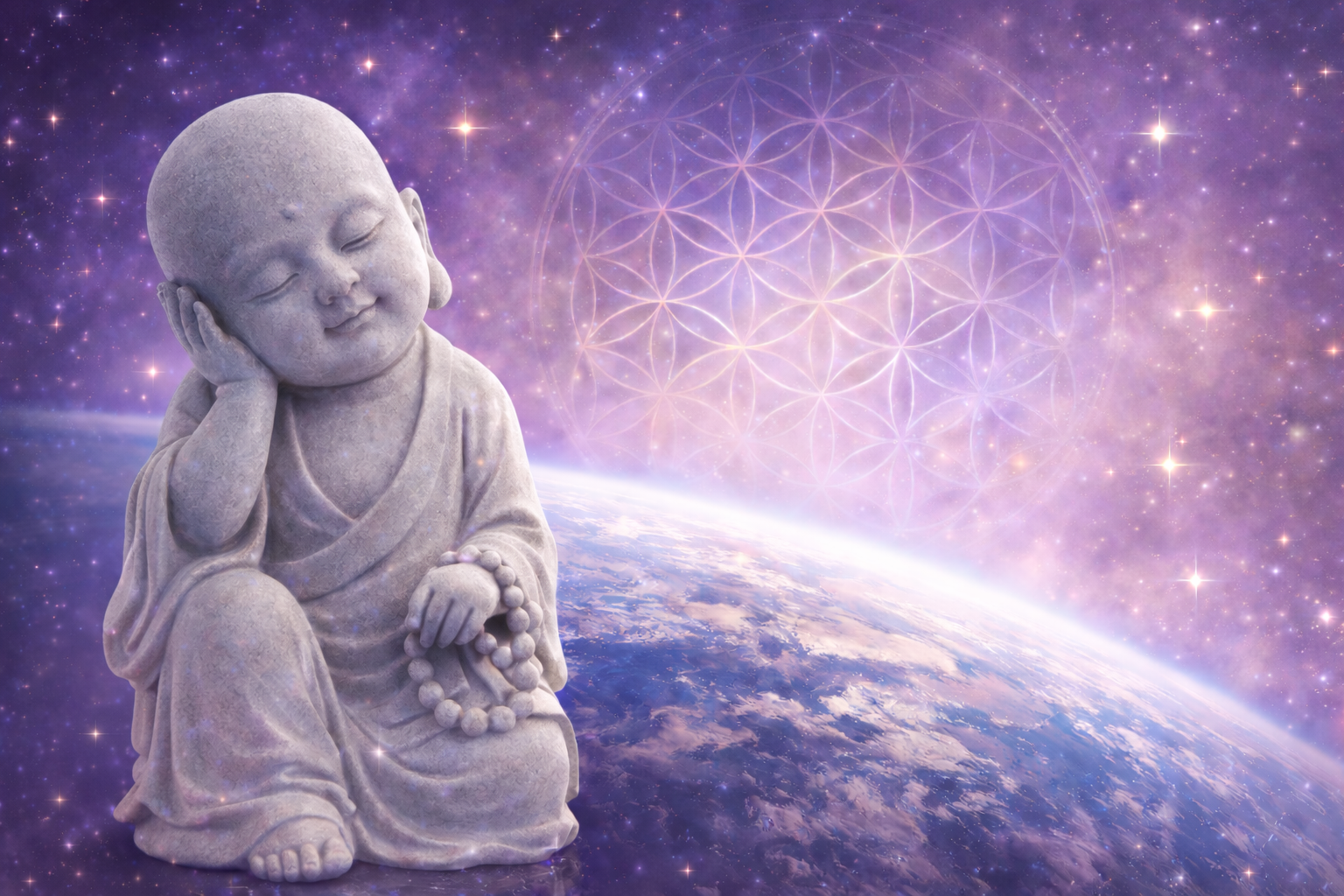 Standbeeld van een rustende Boeddha met op de achtergrond een deel van de aarde en een flower of life.