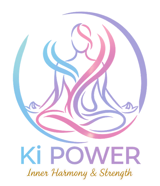 Ki Power logo met lijntekening van mediterend figuur met de tekst 