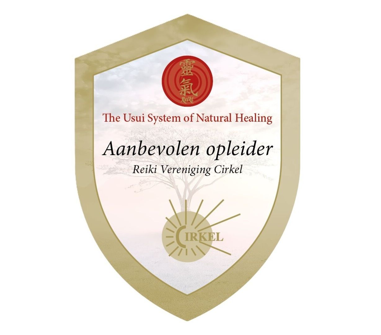 Schildje met de tekst 'Aanbevolen opleider' van de Reiki Vereniging Cirkel.
