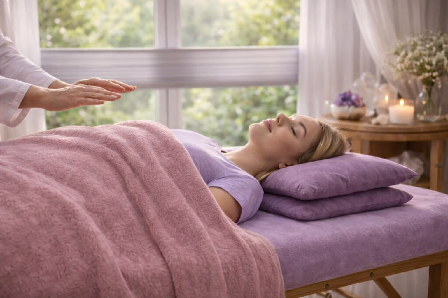Vrouw ontvangt Reiki behandeling, handen boven haar buik, kaarsen en kristallen op de achtergrond.