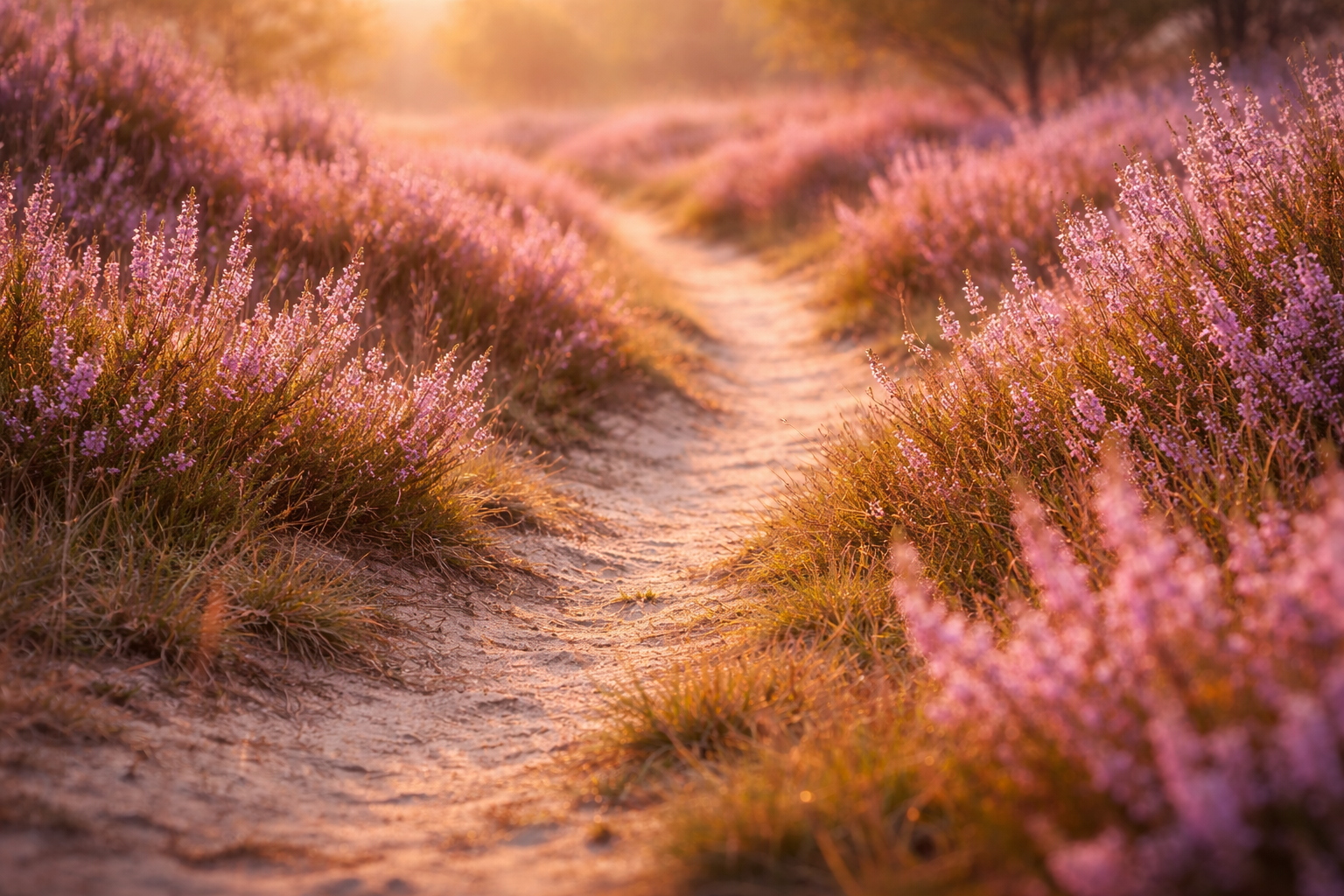 Wandelpaadje tussen paarse heide.