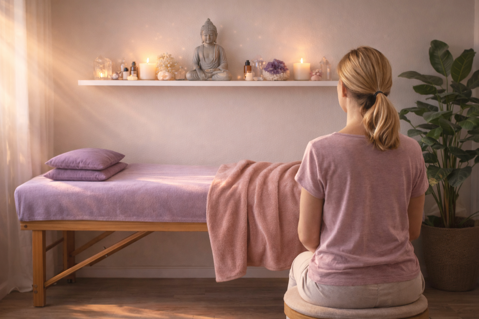 Een vrouw zit klaar op een kruk om een healing te ontvangen in een rustgevende ruimte met behandeltafel.