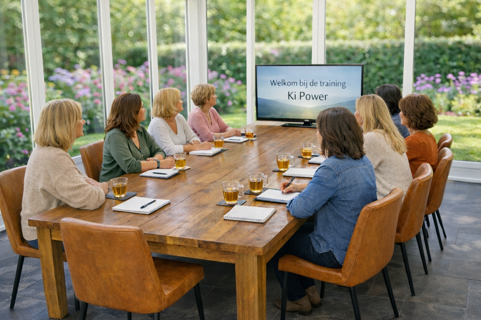 Een groep mensen zit rond een tafel in een serre en kijkt naar een scherm met tekst voor de training Ki Power.