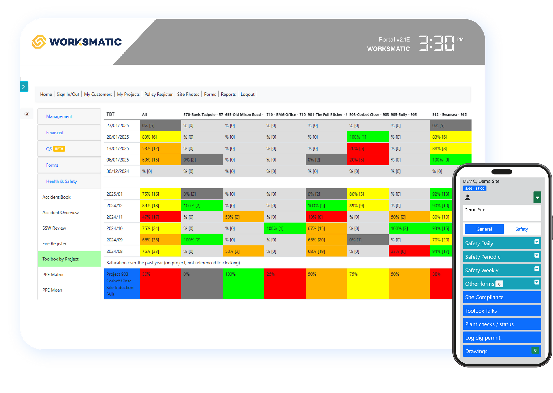 A screenshot of a work matic app with a cell phone next to it