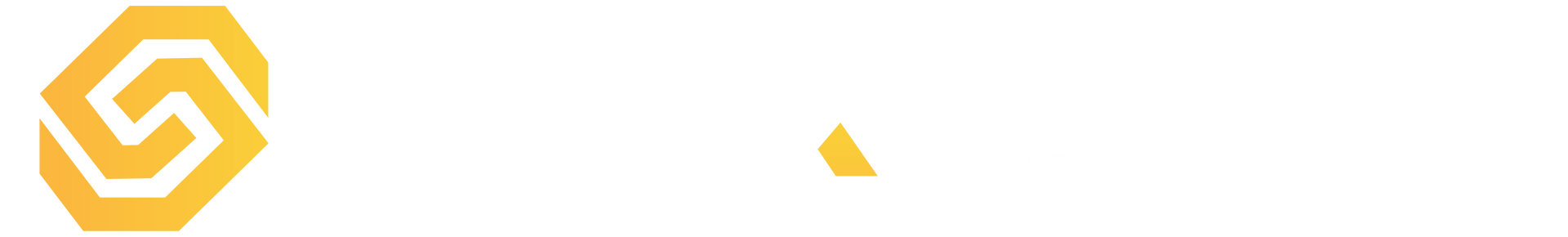 A yellow and white logo on a white background.