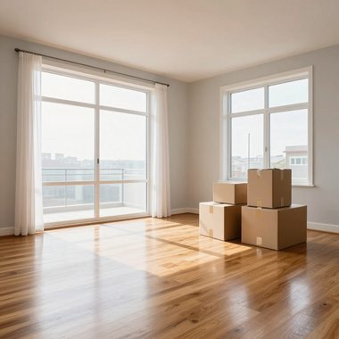 Bright empty apartment with large windows, sunlight on wood floors, and stacked moving boxes