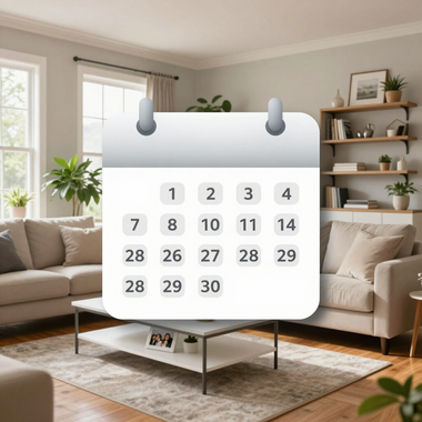 Monthly calendar on a white hanging board in a bright living room