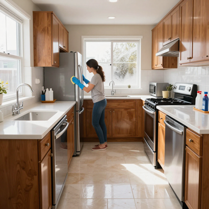 Person cleaning a stainless steel refrigerator in a bright wood kitchen