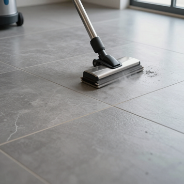 Mop head cleaning gray tiled floor with a small puddle of water