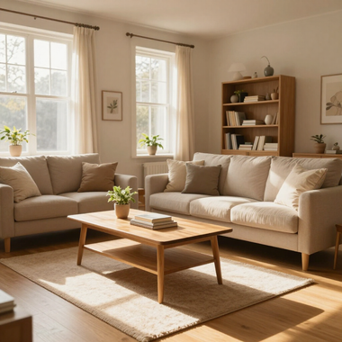 Sunlit living room with beige sofas, wooden coffee table, and shelves by two windows