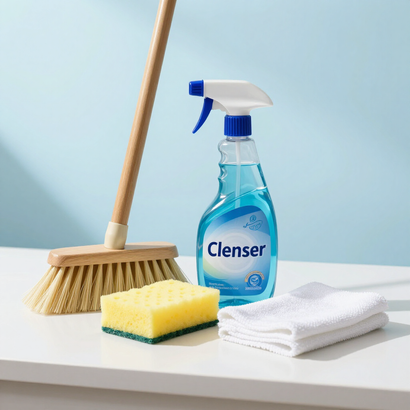 Cleaning supplies on a white surface: broom, spray cleaner, sponge, and folded towels.