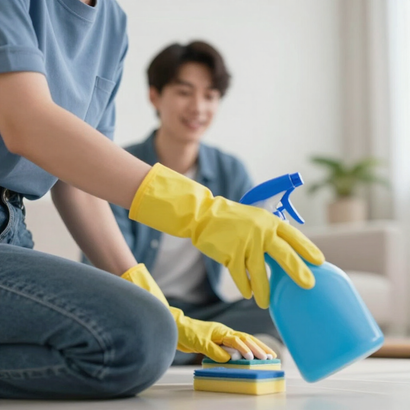 Person in yellow gloves cleaning a table with blue spray bottle while another person smiles in the background