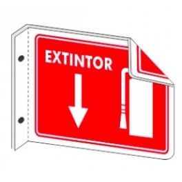 Un cartel rojo que dice extintor con una flecha apuntando hacia abajo
