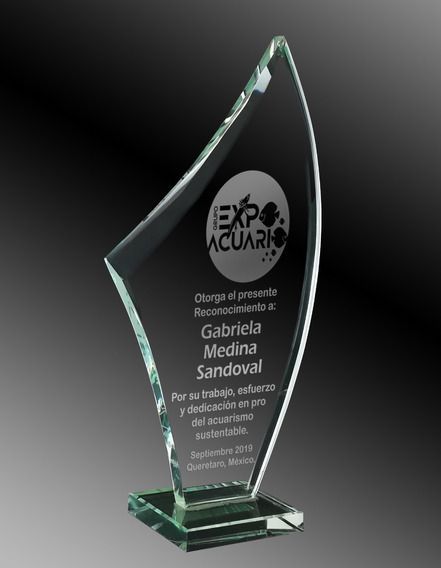 Un trofeo de cristal transparente que dice expo acuario.